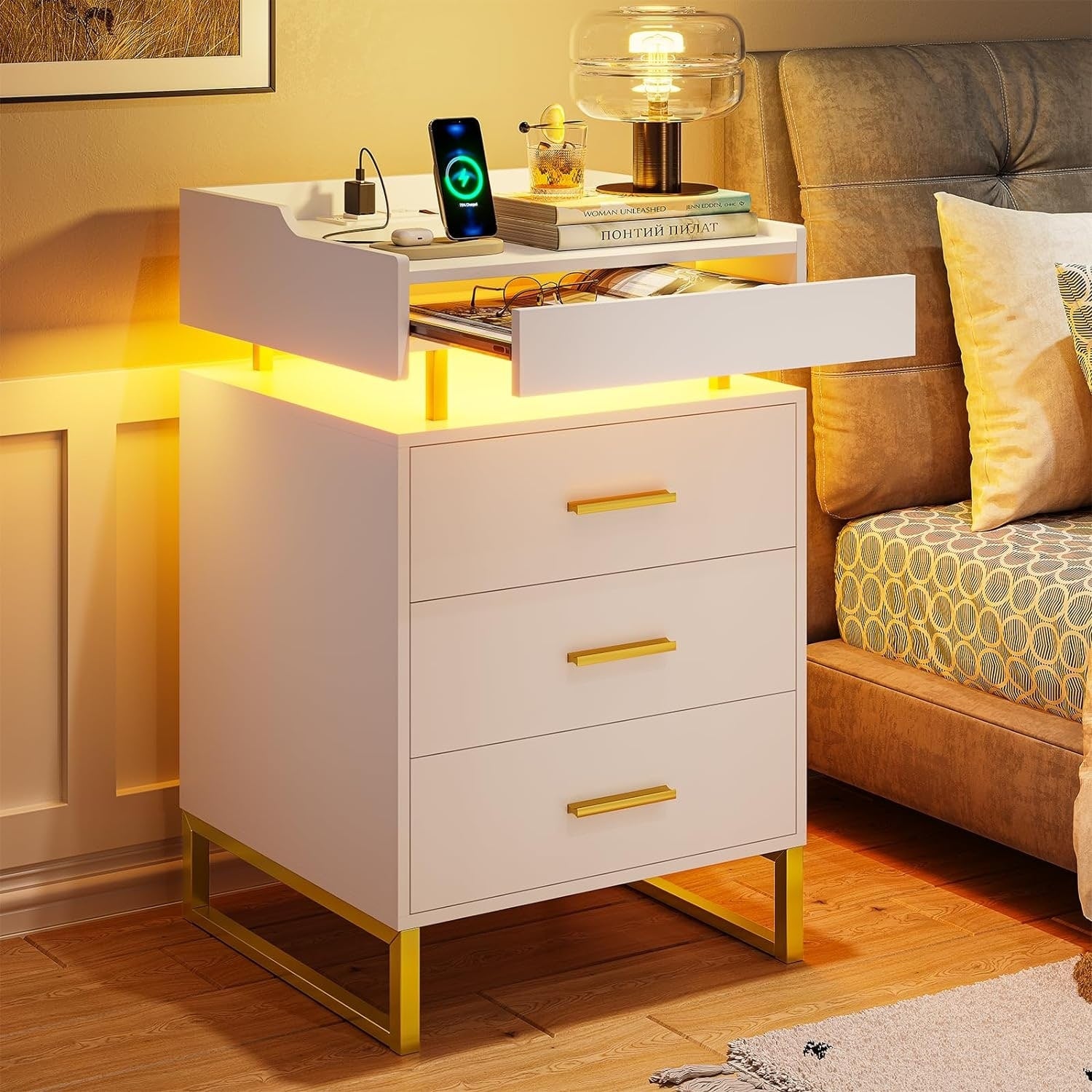 3 Drawers LED Nightstand Charging Station End Table